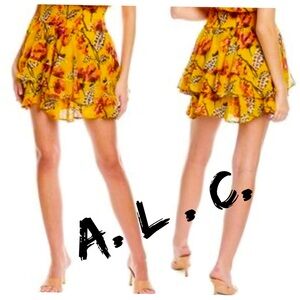 A.L.C. 100% Silk Yellow Skater Mini Skirt with Ruffled Tiers Size 4